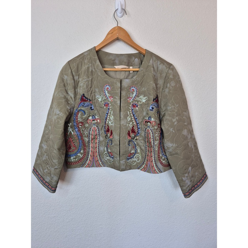 Soft Surroundings Olive‎ Quilted Embroidered Beaded Cropped Jacket Size Medium